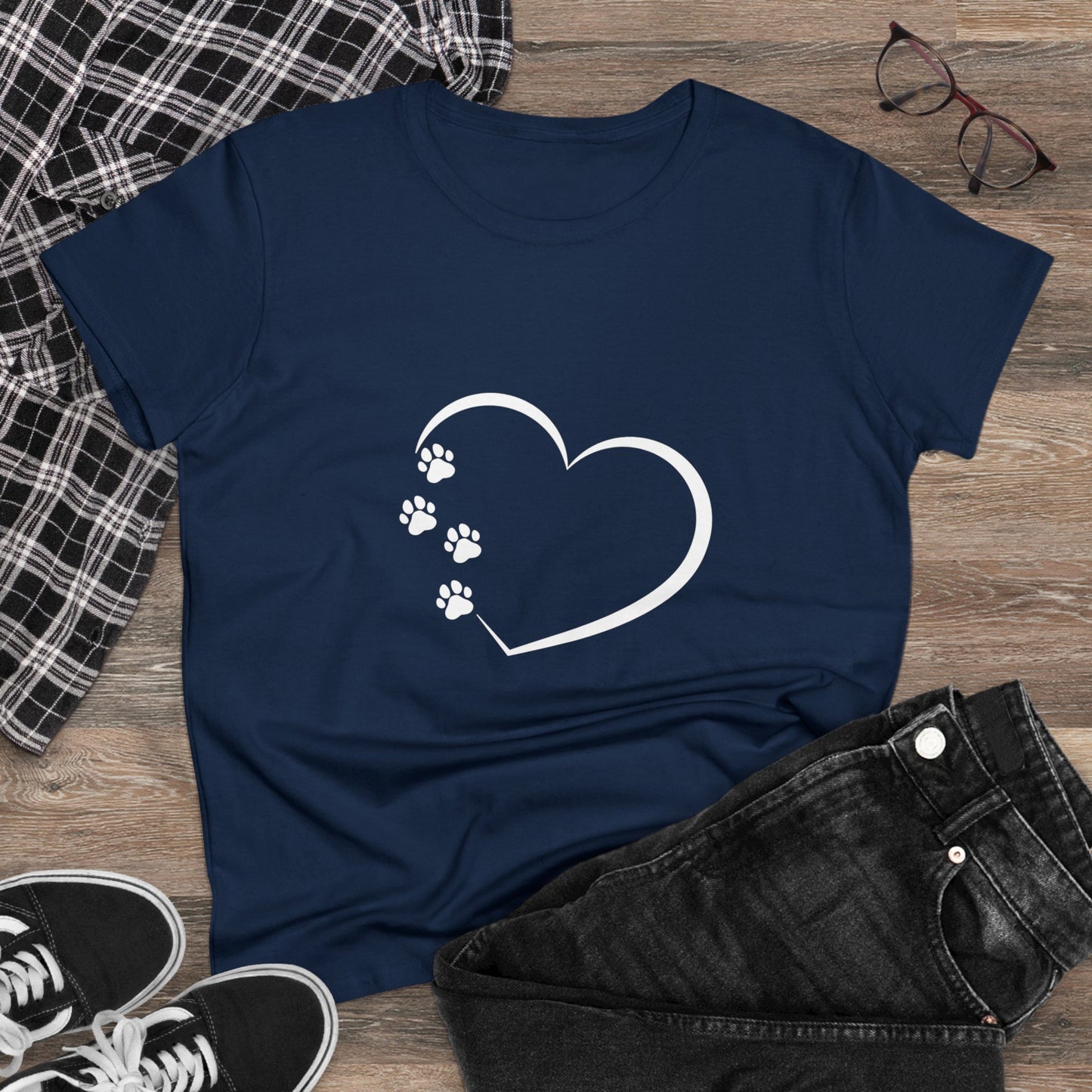 Women's T-Shirt Paw Prints with Heart Design Midweight Cotton Tee