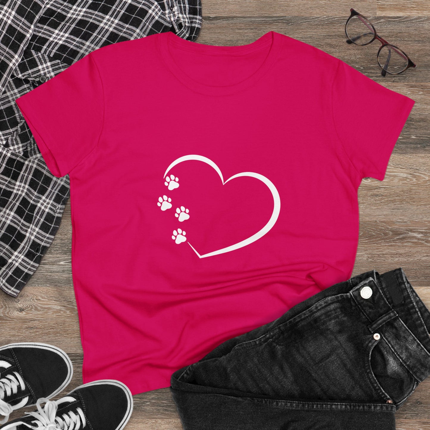 Women's T-Shirt Paw Prints with Heart Design Midweight Cotton Tee