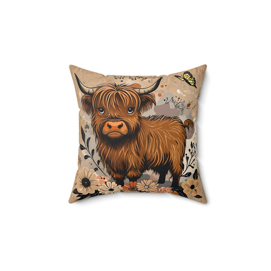 Highland Cow Decorative Pillow, Cozy Home Decor, Farmhouse Charm, Kids Room Accent, Gift for Animal Lovers, Floral Cushion