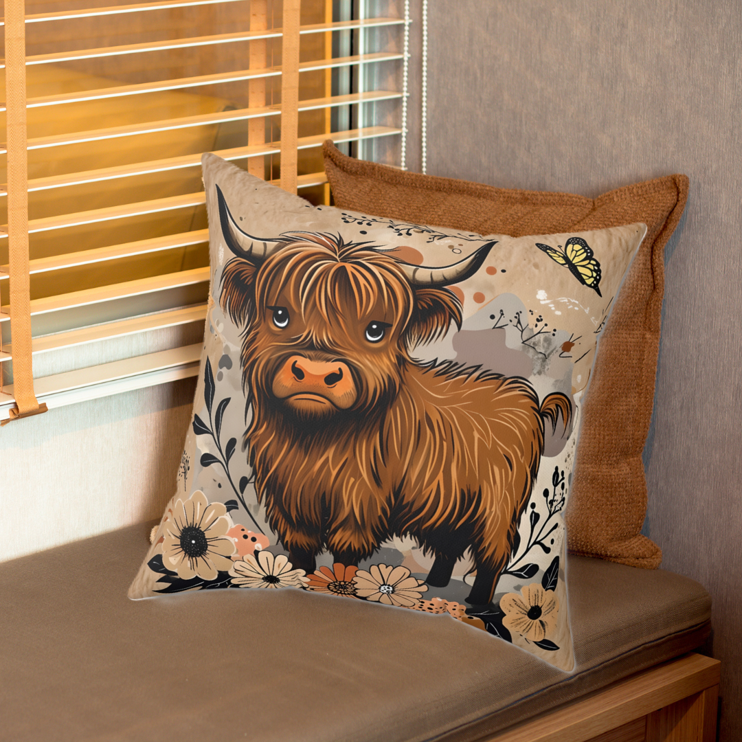 Highland Cow Decorative Pillow, Cozy Home Decor, Farmhouse Charm, Kids Room Accent, Gift for Animal Lovers, Floral Cushion