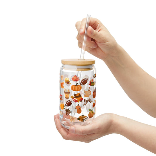 Autumn-Themed Sipper Glass | 16oz Eco-Friendly Drinkware, Fall Decor, Seasonal Beverage Container, Thanksgiving Gift, Cute Cup