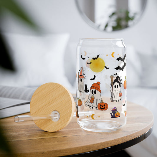Halloween Themed Sipper Glass, 16oz - Perfect for Spooky Parties, Eco-Friendly Drinkware, Ghost and Pumpkin Design, Fall Decor, Trick [...]