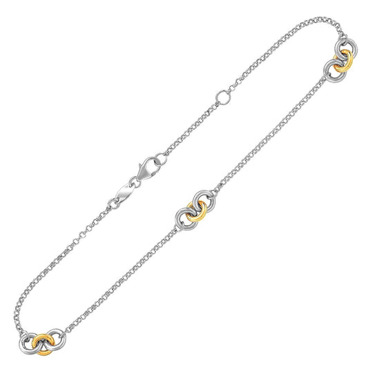 14k Yellow Gold and Sterling Silver Triple Ring Stationed Anklet