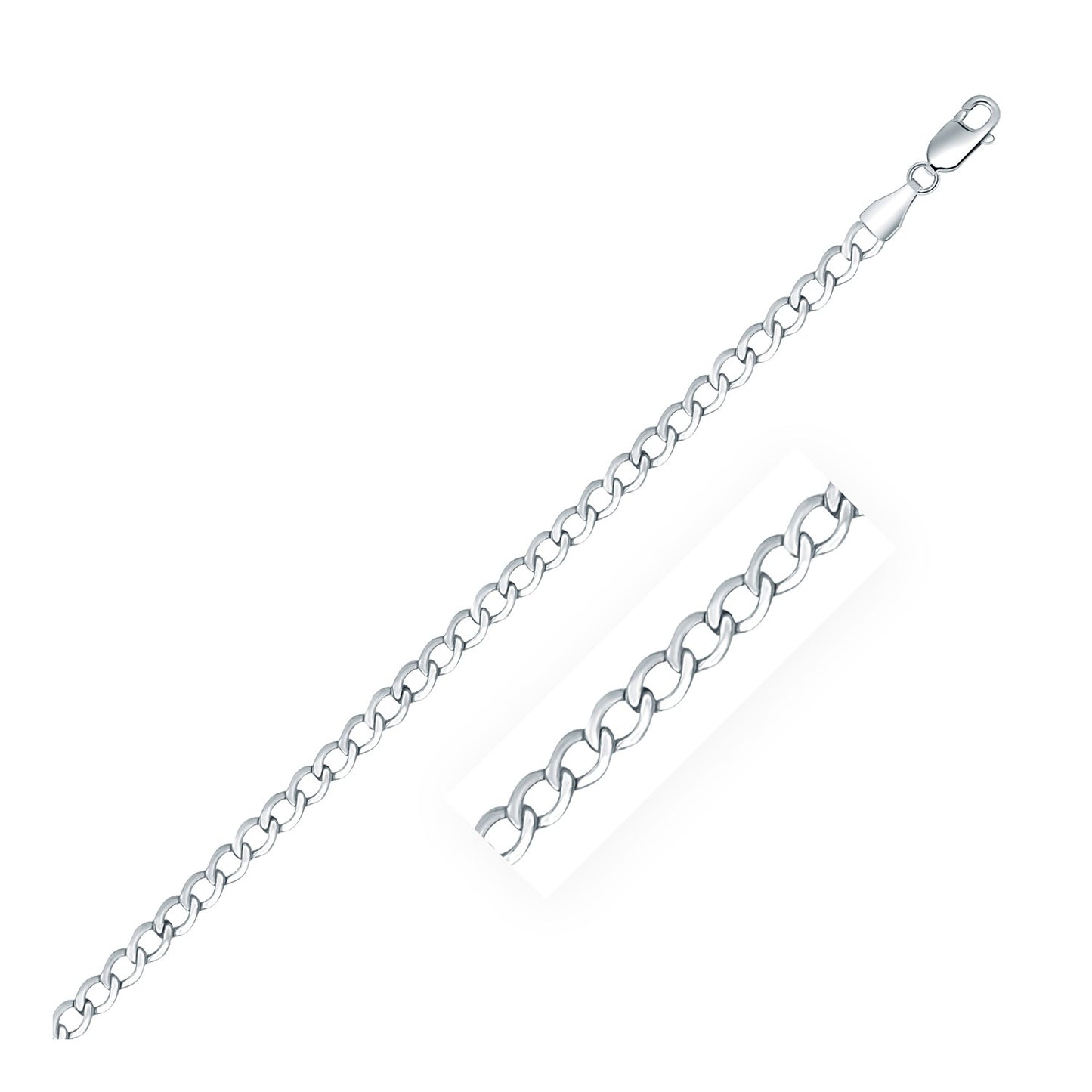 Rhodium Plated 3.7mm Sterling Silver Curb Style Chain (3.70 mm)