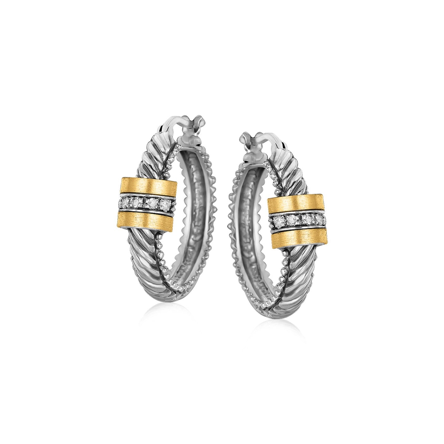 18k Yellow Gold and Sterling Silver Diamond Italian Cable Style Hoop Earrings