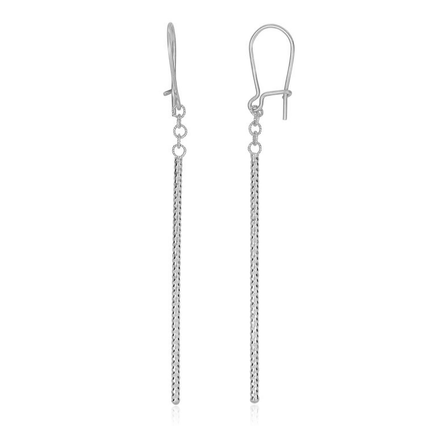 14k White Gold Long Bar Diamond Cut Drop Earrings