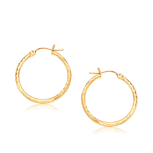 14k Yellow Gold Slender Hoop Earring with Diamond-Cut Finish (25mm Diameter)