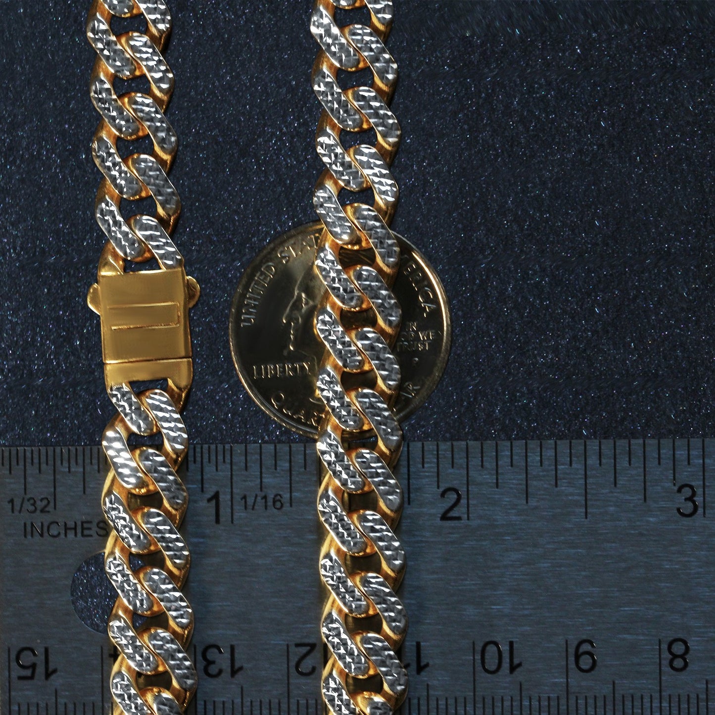 14k Two Tone Gold Miami Cuban Chain Necklace with White Pave