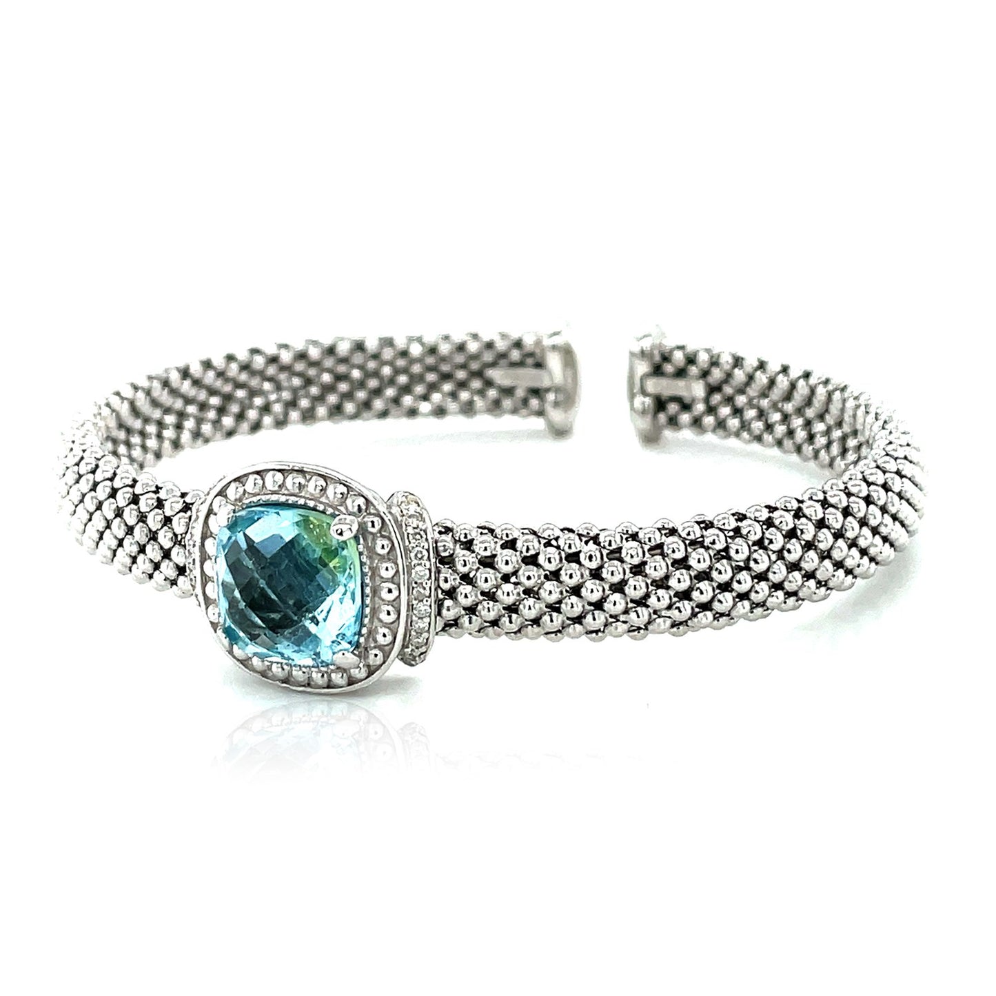 Popcorn Texture Cuff Bangle with Blue Topaz and Diamonds in Sterling Silver