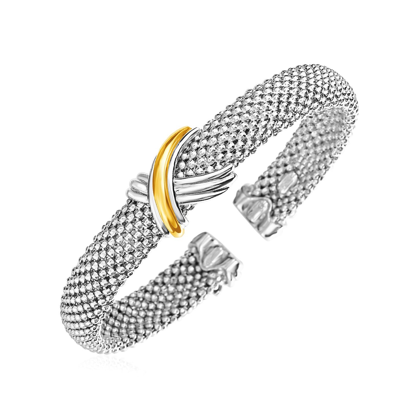 Popcorn Texture Cuff Bangle in Sterling Silver and 18k Yellow Gold (10.00 mm)