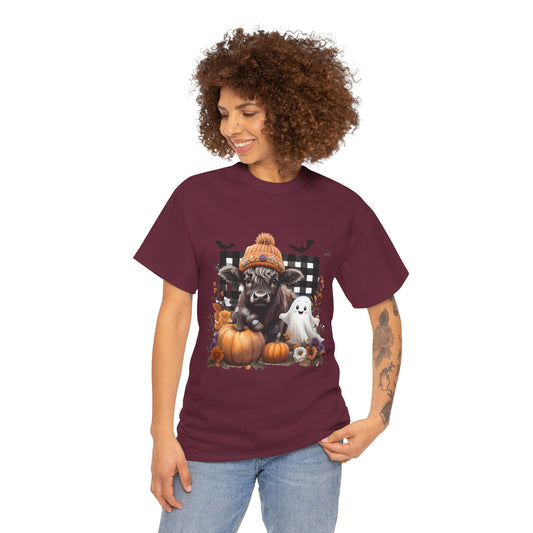 Halloween Cow and Ghost Tee, Fall Fashion, Pumpkin Shirt, Cozy Halloween Apparel, Gifts for Cow Lovers, Cute Tee