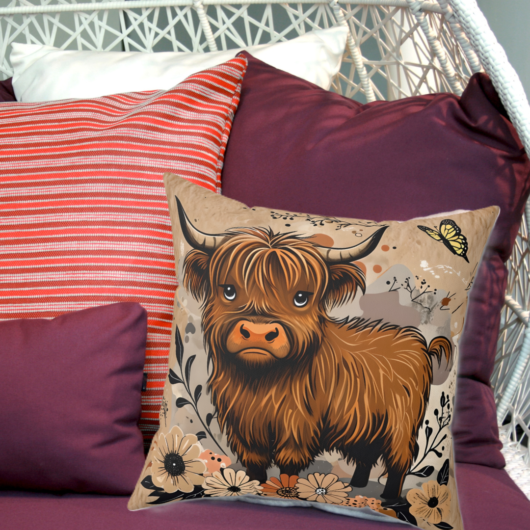 Highland Cow Decorative Pillow, Cozy Home Decor, Farmhouse Charm, Kids Room Accent, Gift for Animal Lovers, Floral Cushion