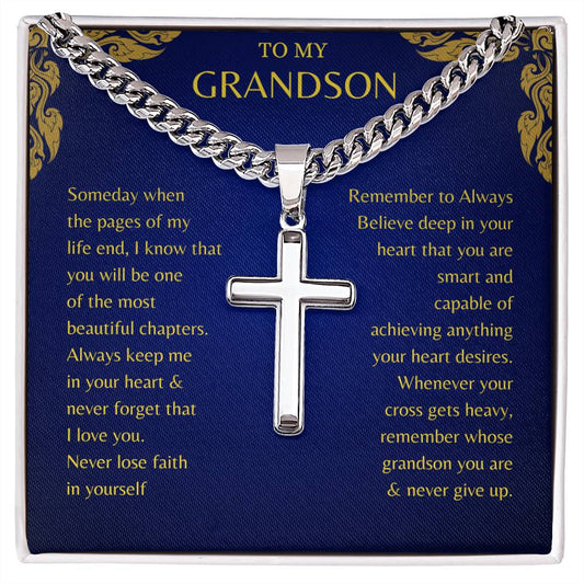 To My Grandson Cuban Chain with Artisan Cross Necklace (V3)