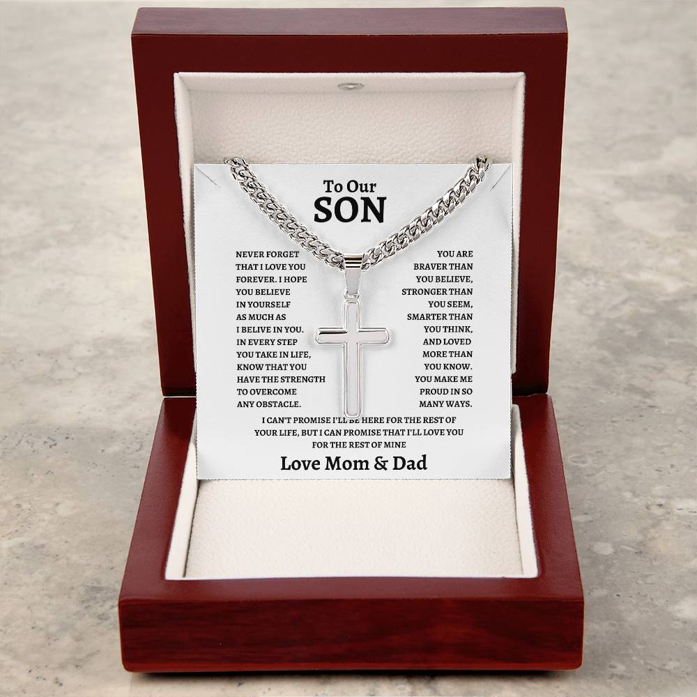 To Our Son Cuban Chain with Artisan Cross from Mom and Dad