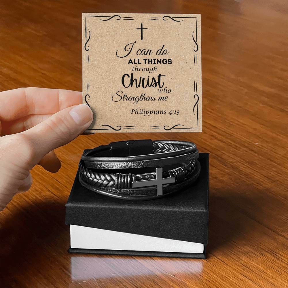 Inspirational Men's Leather Cross Bracelet