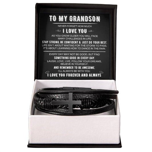 To My Grandson | Cross Leather Bracelet | BLKMC (V2)